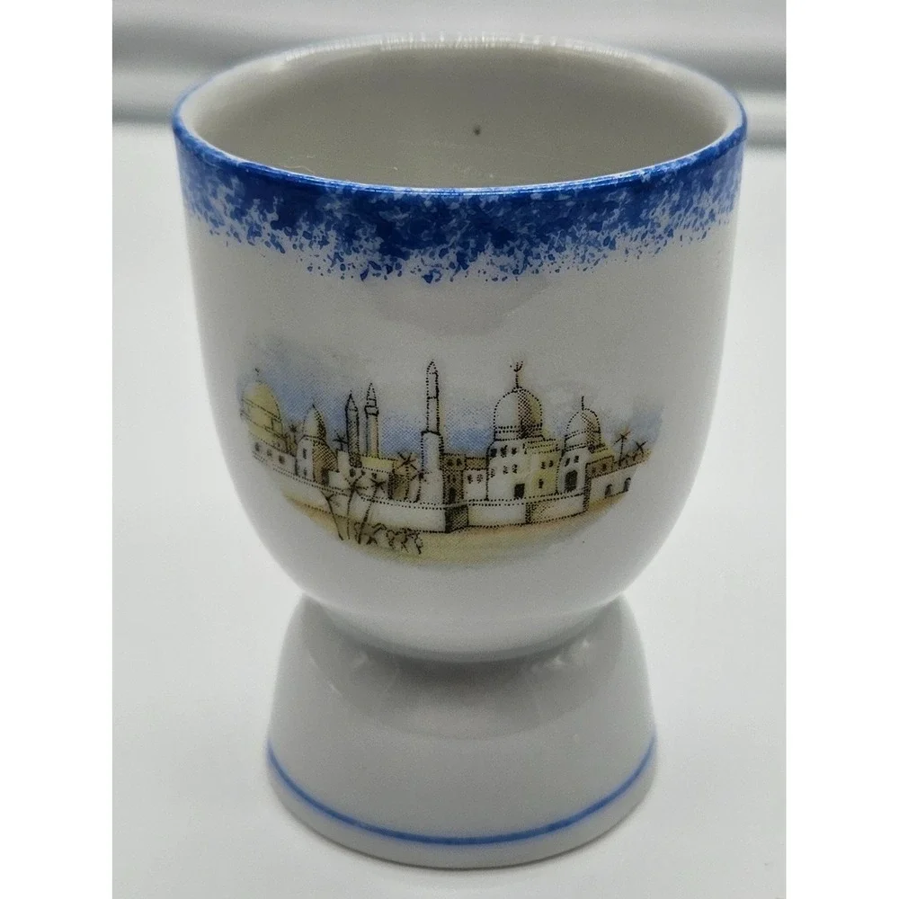 Vintage Egg Cup White Blue Cityscape Design‎ Breakfast Kitchen Decor